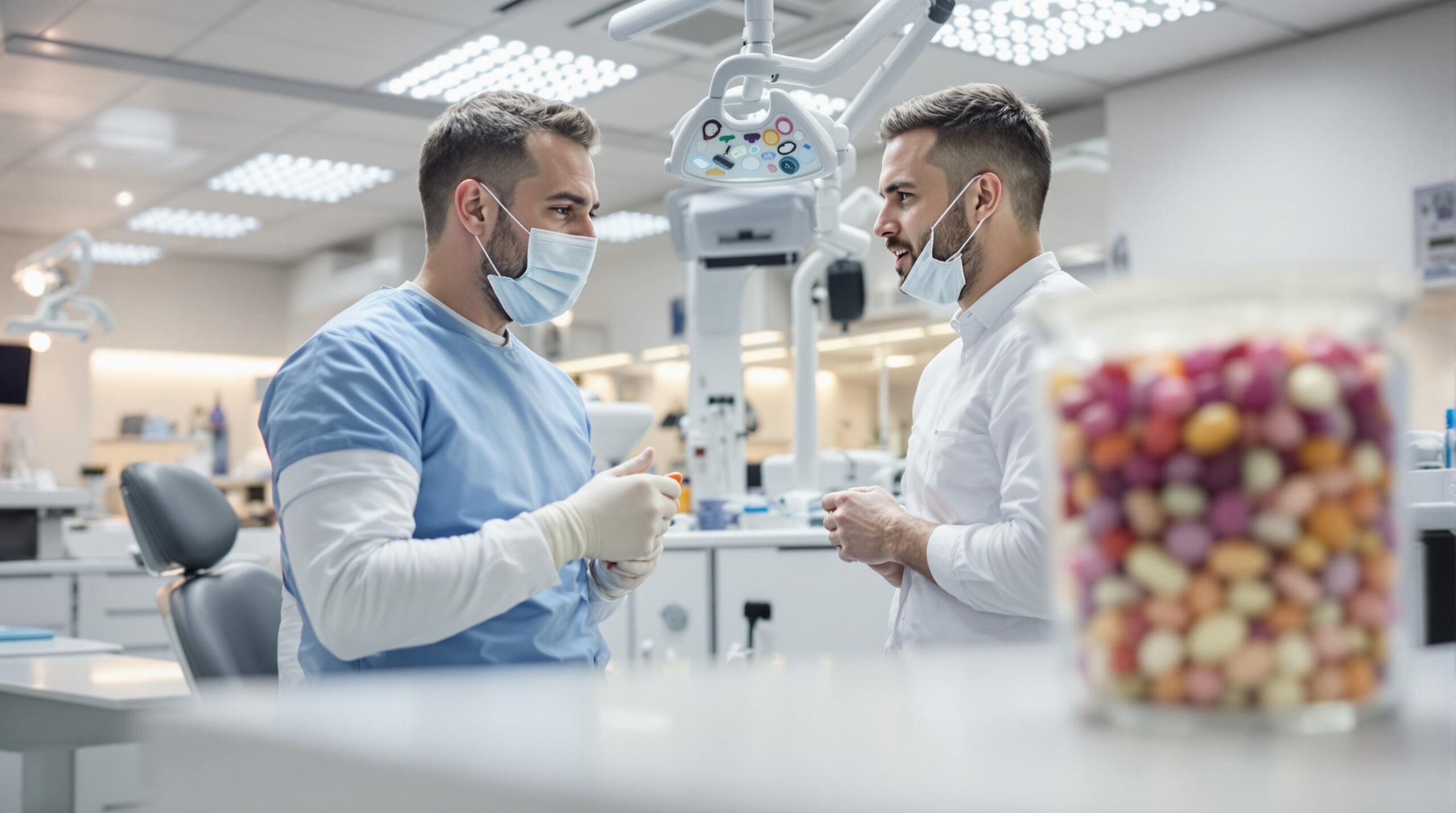 Person børster tænder ved siden af julepynt og søde sager